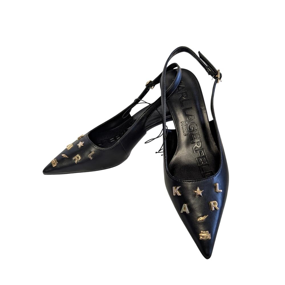 Karl Lagerfeld Paris Women Shoes, Black Pointed Toe Slingback Heels, Sz 6.5